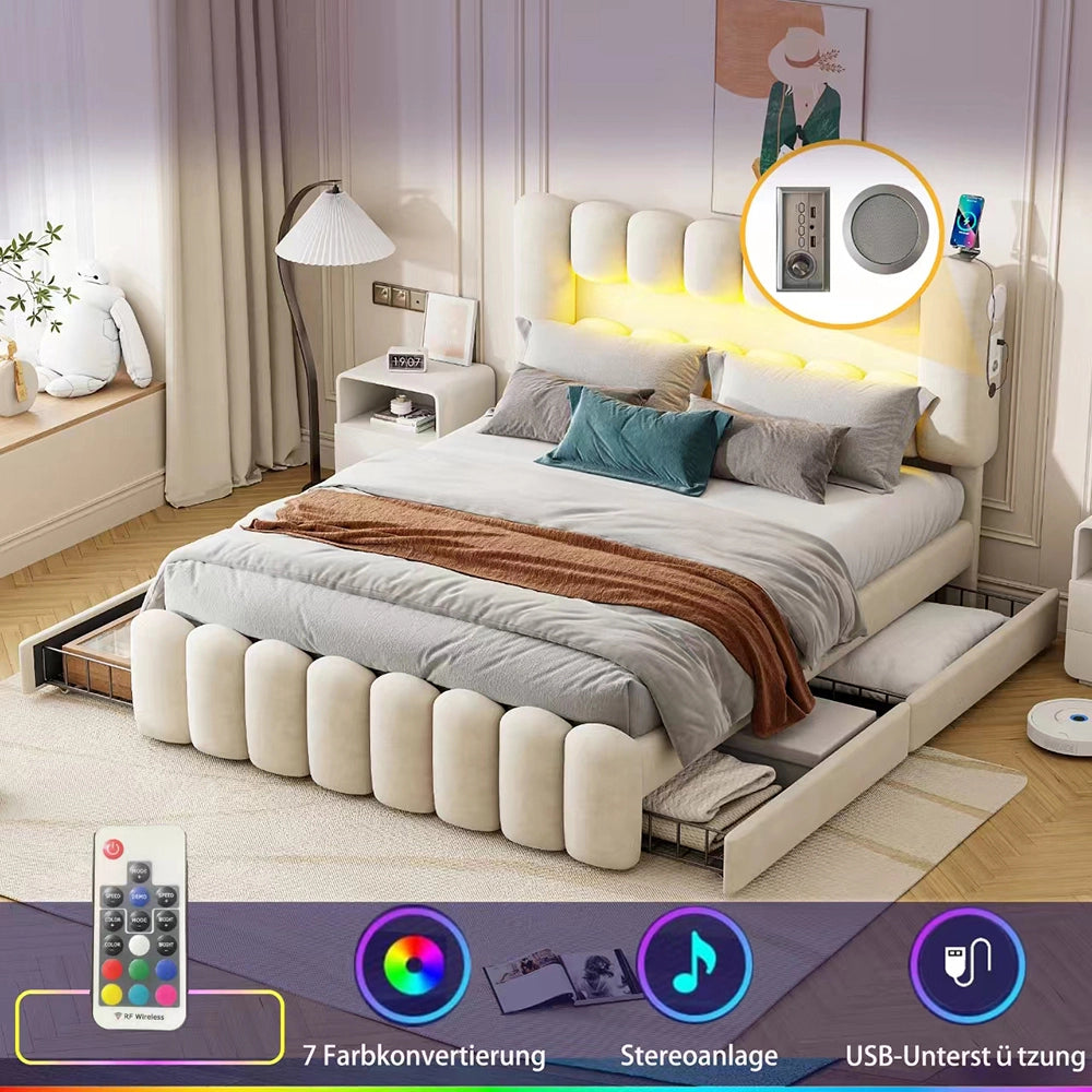Letto matrimoniale con cassetti - Xylo - 160x200 cm - Beige - Luci LED USB e catena hi-fi