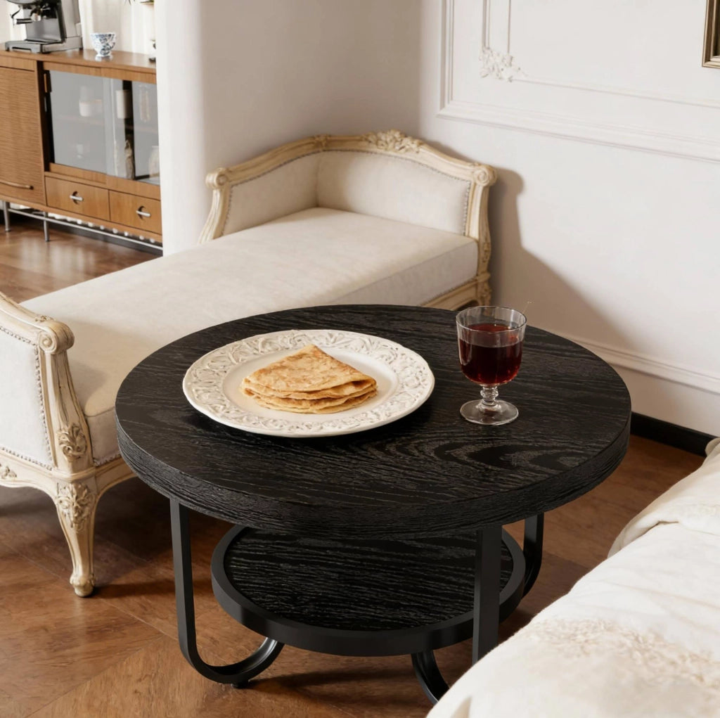 Tavolino da caffè rotondo a 2 ripiani nero, 79 cm