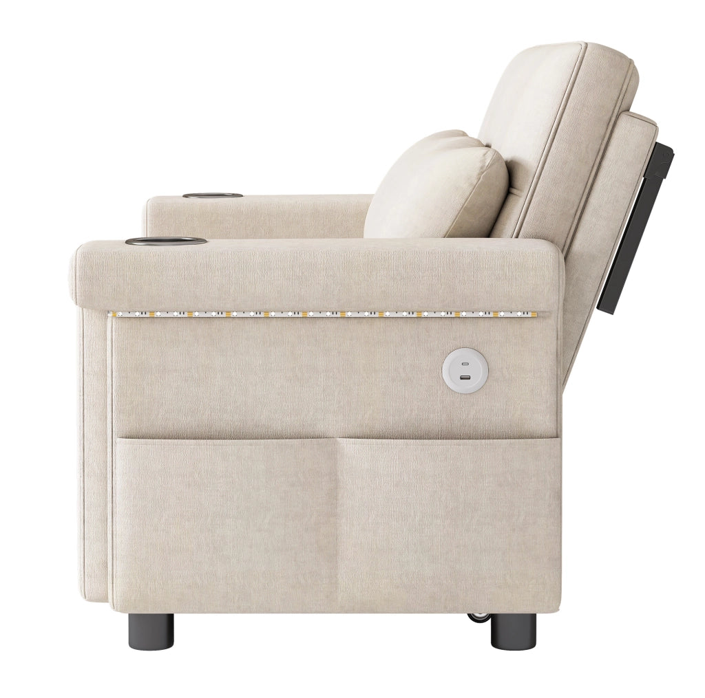 Divano letto 2 posti 145x141;5 cm in ciniglia beige con LED e porte USB/Type-C HOMVRA