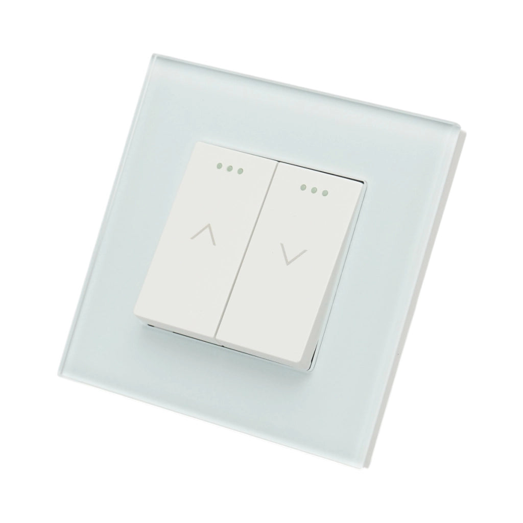 Interruttore doppio per tapparelle bianche da incasso 220V, 16AX, spia luminosa, cornice in vetro 86x86x34mm