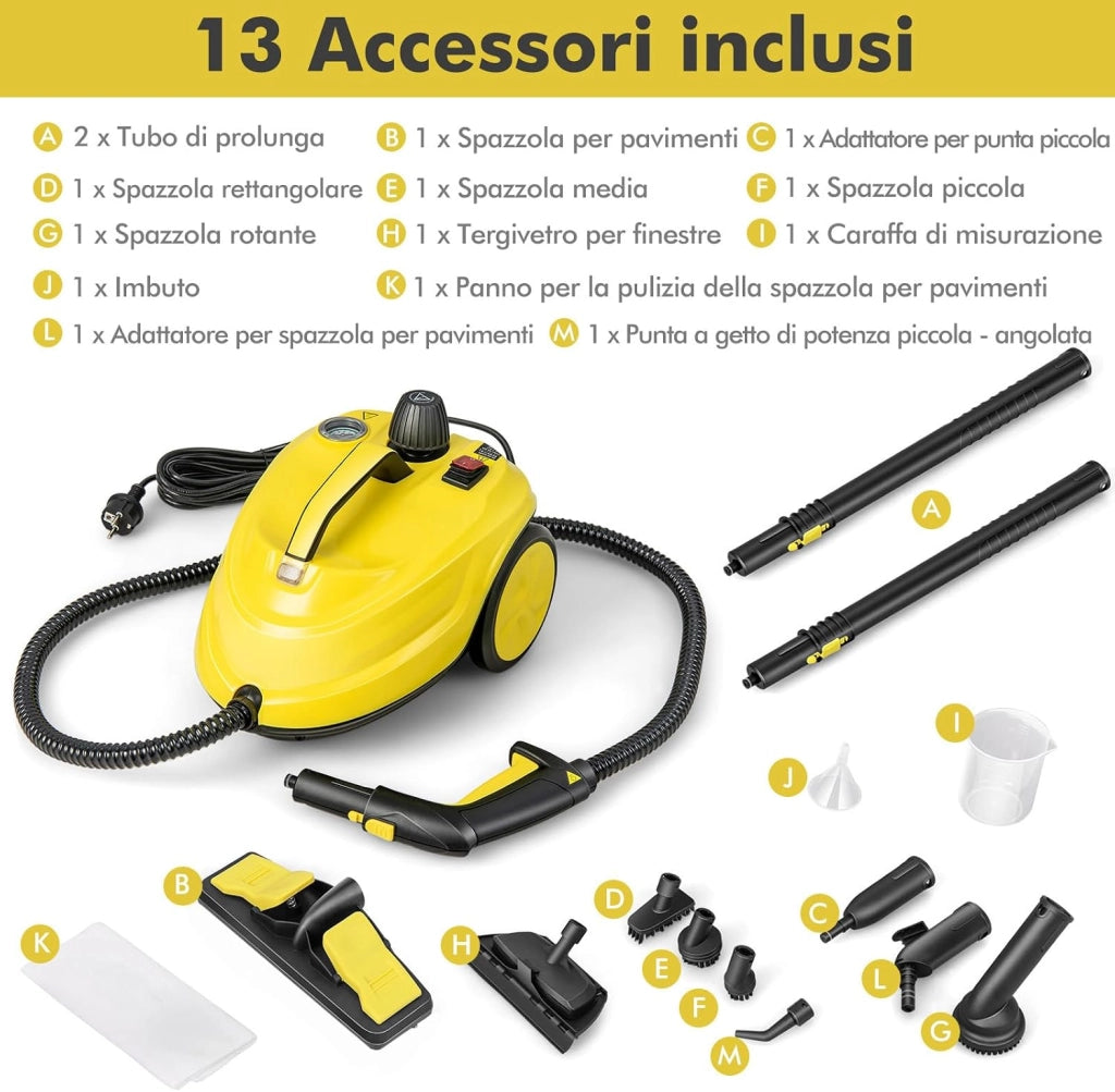2000W Pulitore a Vapore, Macchina per Pulizia Rotante con 13 Accessori, Capacità d'Acqua di 1,8L, Macchina a Vapore Multiuso per Tappeti Finestre Vetri e Tende (Giallo)