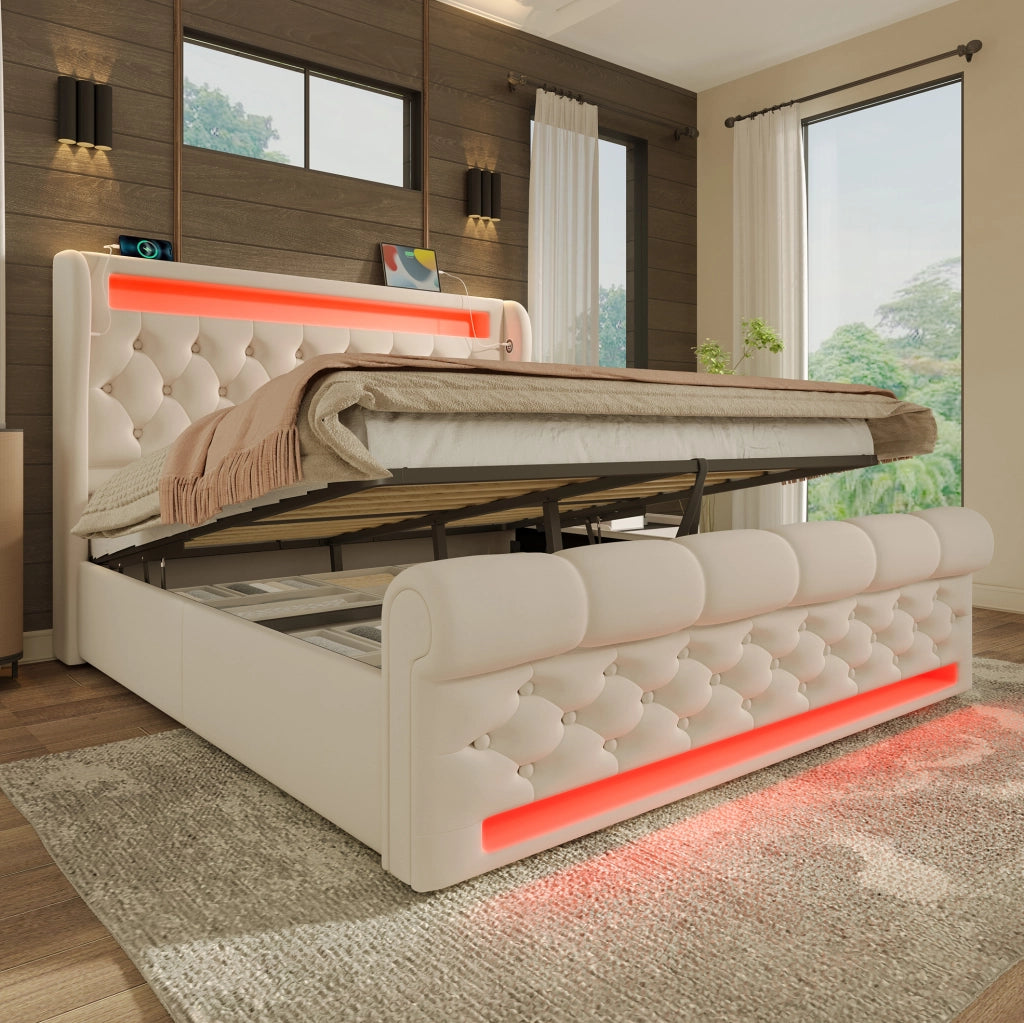 Letto matrimoniale 160x200 cm con LED, USB-C e vano contenitore
