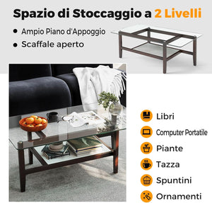 Tavolino da Caffè in Vetro, Tavolino Rettangolare a 2 Livelli con Ripiano e Gambe in Legno di Gomma, Tavolo Moderno per Soggiorno, Casa e Ufficio, 107 x 60 x 42 cm
