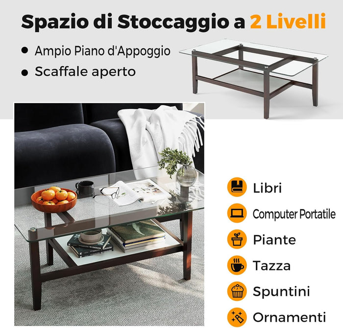Tavolino da Caffè in Vetro, Tavolino Rettangolare a 2 Livelli con Ripiano e Gambe in Legno di Gomma, Tavolo Moderno per Soggiorno, Casa e Ufficio, 107 x 60 x 42 cm