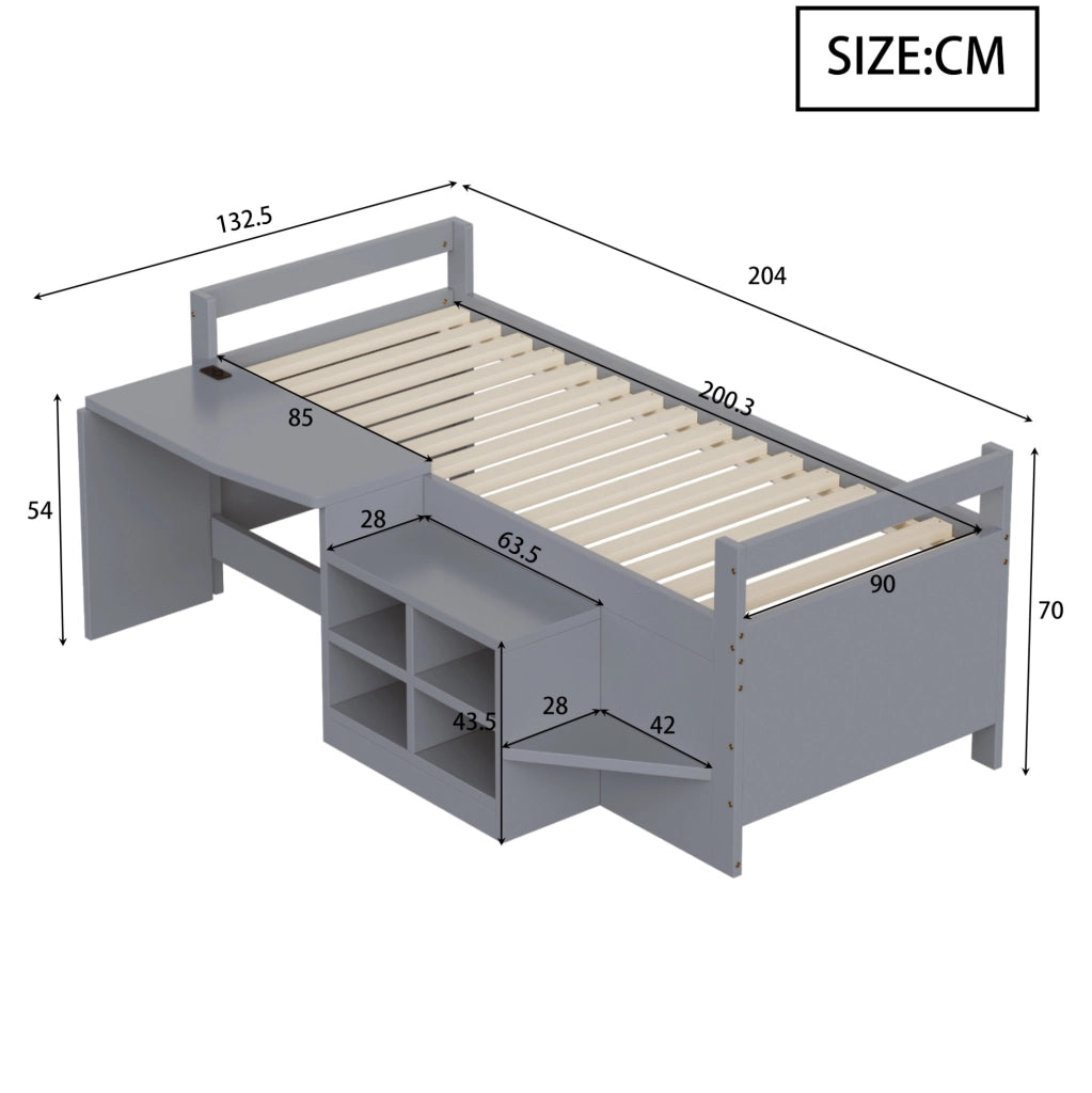Letto a soppalco ULEVR 90x200 cm con scrivania, vani contenitore, 2 USB e presa, grigio