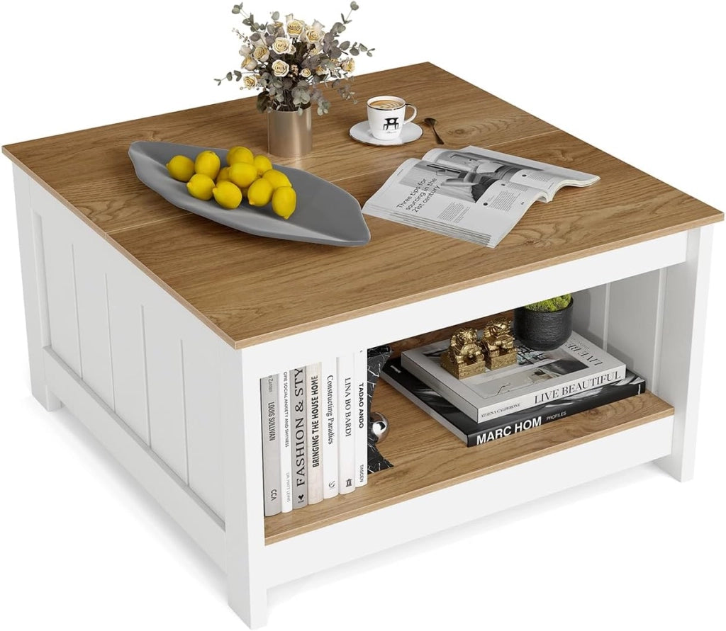 Tavolino Basso a 2 Livelli, Tavolino Quadrato con Ripiano Inferiore Aperto, Piano Superficie Antiscivolo, Portata Massima 80 kg, per Soggiorno e Ufficio, 80 x 80 x 45 cm