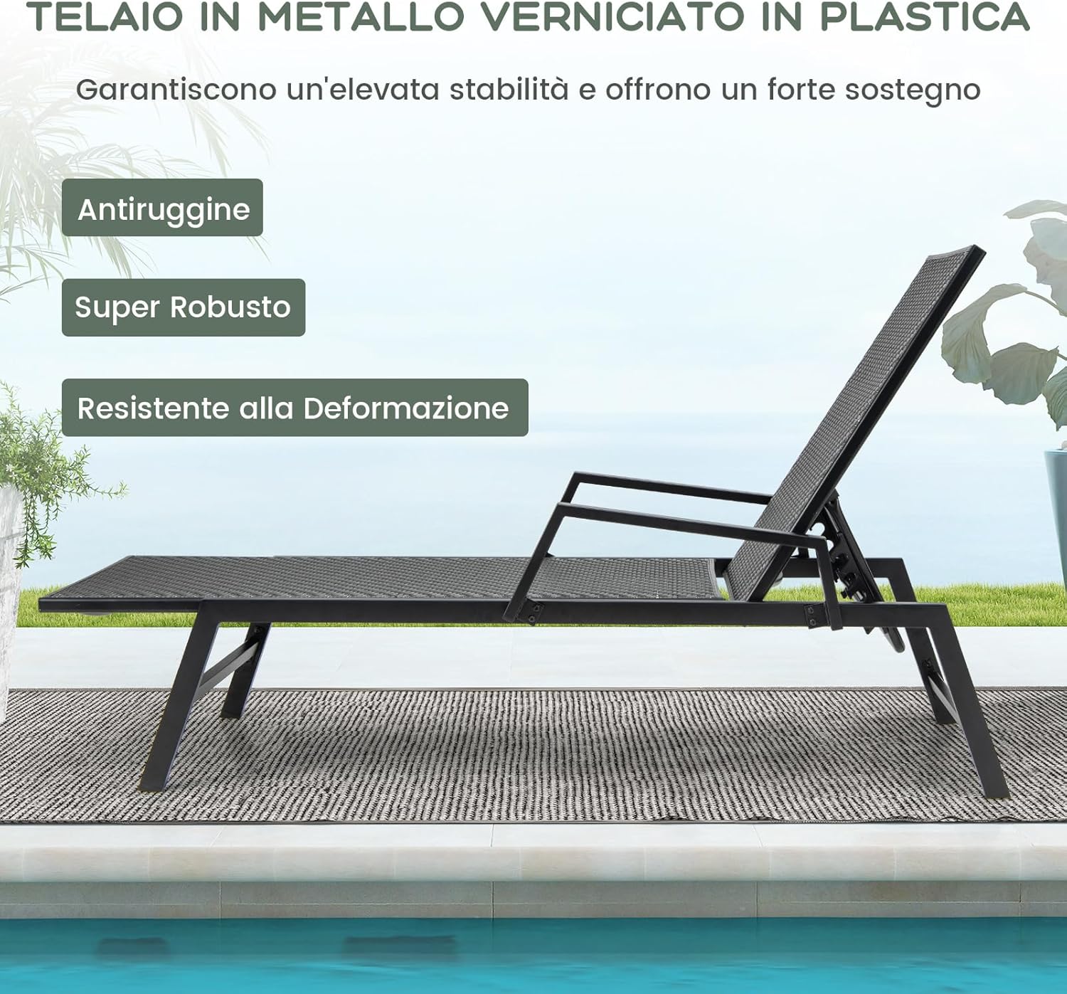 Lettino Prendisole in Rattan per Esterni, Sedia a Sdraio con Braccioli e Schienale Regolabile a 5 Posizioni, Telaio Metallico Robusto, Portico, Cortile, Giardino, Portata 150 kg