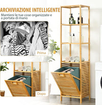 Cesto della Biancheria a Scomparsa per Bagno, Organizer Torre con Cesta di Bambù e 3 Mensole, Scaffale con Cesto per Bagno Camera da Letto