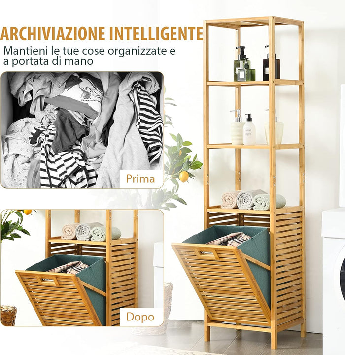 Cesto della Biancheria a Scomparsa per Bagno, Organizer Torre con Cesta di Bambù e 3 Mensole, Scaffale con Cesto per Bagno Camera da Letto