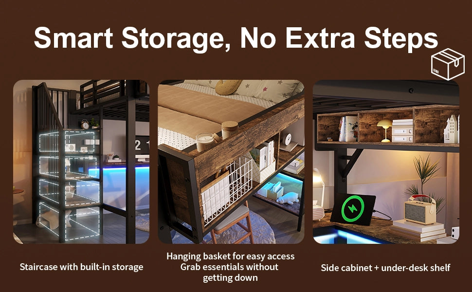 Letto a Soppalco con Scrivania 140x200 ¨C MINIMAL ¨C Legno, LED, USB, Nero Vintage