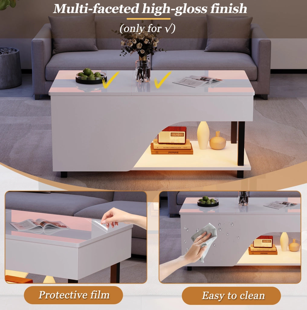 Tavolino da salotto sollevabile 50 x 100 x 46 cm in truciolare bianco con LED e vano contenitore