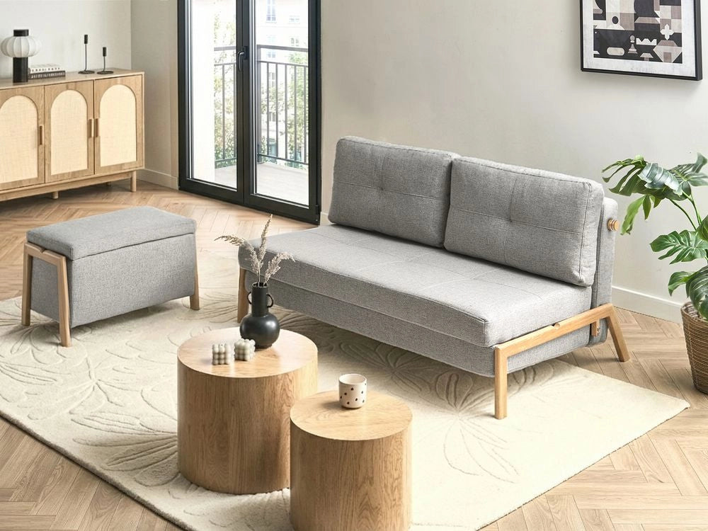 Set divano e panca tessuto grigio imbottito Gambe in ferro Funzione letto Contenitore aggiuntivo Stile moderno