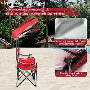 Sedia Spiaggia a Doppio, Sedia da Campeggio con Tettoia Regolabile, Poltrona Loveseat per 2 Persone, con Borsa da Trasporto, Borsa Termica, per Giardino Picnic, Portata 300 kg (Rosso)