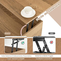Tavolino da Caffè Sollevabile, Tavolo da Salotto con Piano Sollevabile, Ampio Comparto Nascosto e 3 Scomparti Aperti, Tavolo da Cocktail con Gambe in Metallo