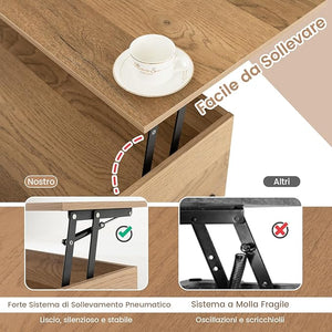 Tavolino da Caffè Sollevabile, Tavolo da Salotto con Piano Sollevabile, Ampio Comparto Nascosto e 3 Scomparti Aperti, Tavolo da Cocktail con Gambe in Metallo