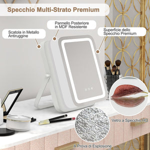 Specchio LED a 3 Colori, Specchio da Trucco con Controllo Tattile Intelligente, Girevole a 360° e Funzione di Memoria, Specchio da Tavolo Antideflagrante 25x30 cm