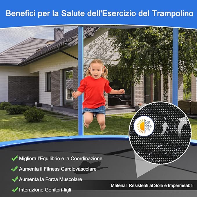 Tappeto Elastico per Bambini 244/305/366/427cm Certificato GS, Trampolino Elastico da Interno ed Esterno con Rete, Tubi Galvanizzati Antiruggine e Scala