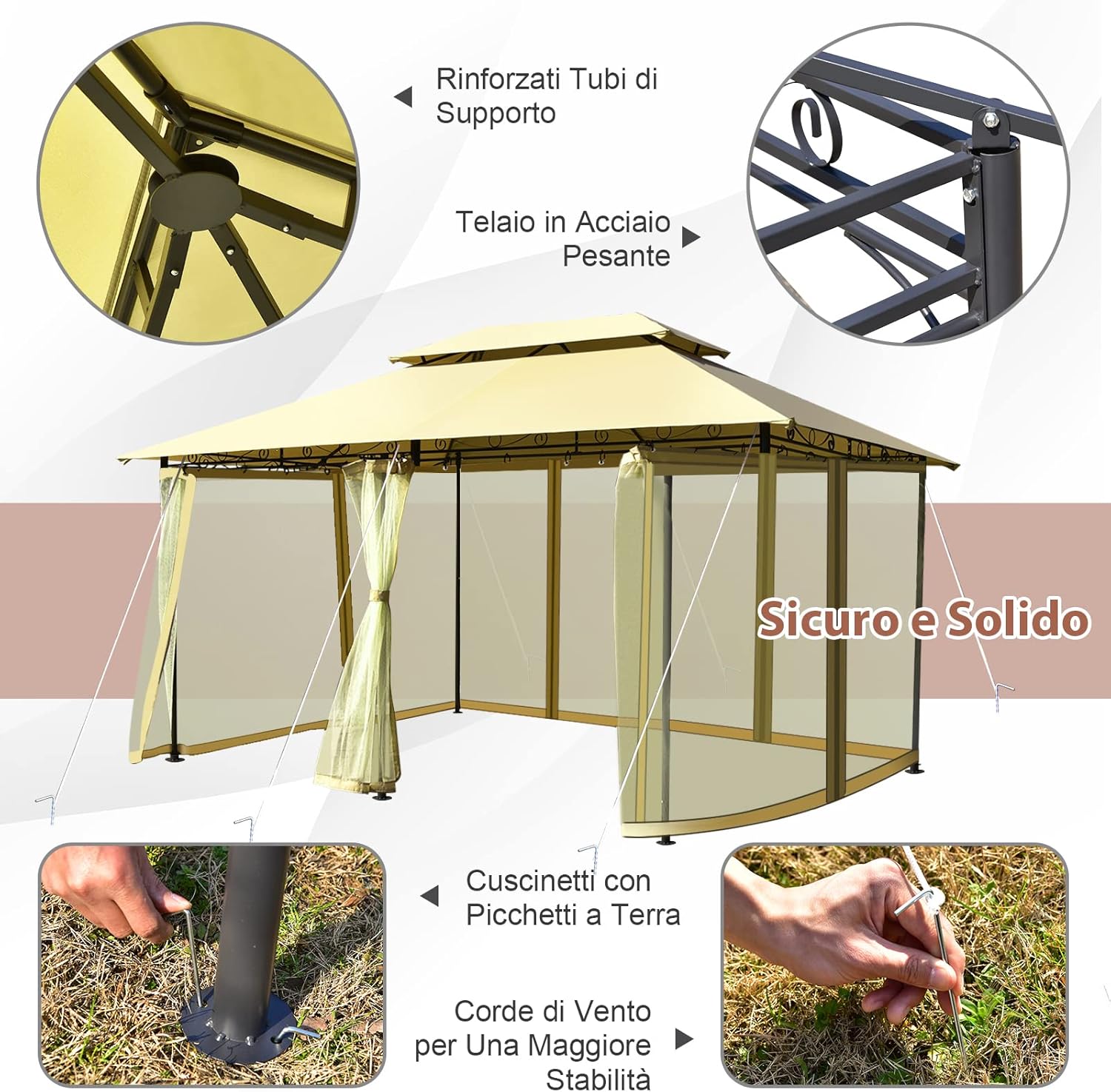 Gazebo da Giardino 3,9 x 2,9 M, Gazebo da Esterno con rete rimovibile e doppi tetti, struttura in acciaio, ideale per Feste, Barbecue, Giardino (beige)