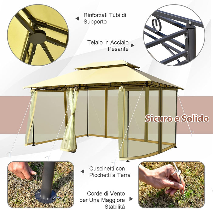Gazebo da Giardino 3,9 x 2,9 M, Gazebo da Esterno con rete rimovibile e doppi tetti, struttura in acciaio, ideale per Feste, Barbecue, Giardino (beige)
