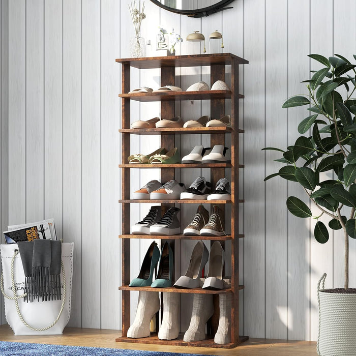 Scarpiera Verticale a 7 Livelli, Organizer per Scarpe in Stile Retrò, con Pannello Rimovibile, Scaffale per Scarpe per Corridoio Ingresso Armadio, 45x25x110 cm (Marrone)