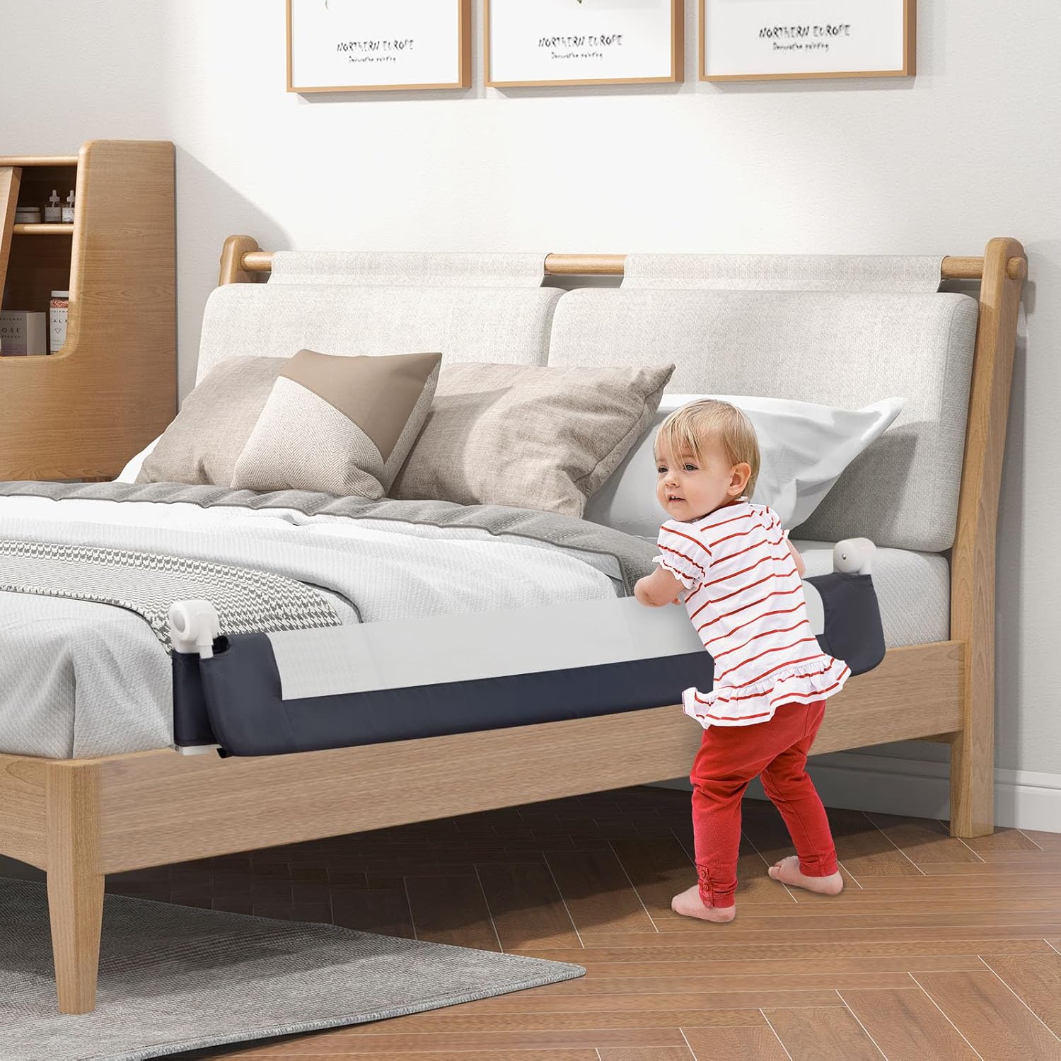 Sponda Letto per Bambini 105/120/150 cm, Barriera di Sicurezza per Neonati, Barriera Letto Pieghevole e Portatile, con Cinghia di Sicurezza (Grigio, 152 x 34 x 42 cm)
