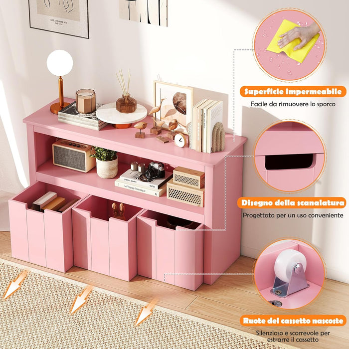 Armadio con 3 Cassetti, Scaffale di Legno con Ruote e Cubi per Giocattoli dei Bambini, Ampio Spazio, Organizer Durevole per Salone Camera da letto Camera dei bambini (Rosa)