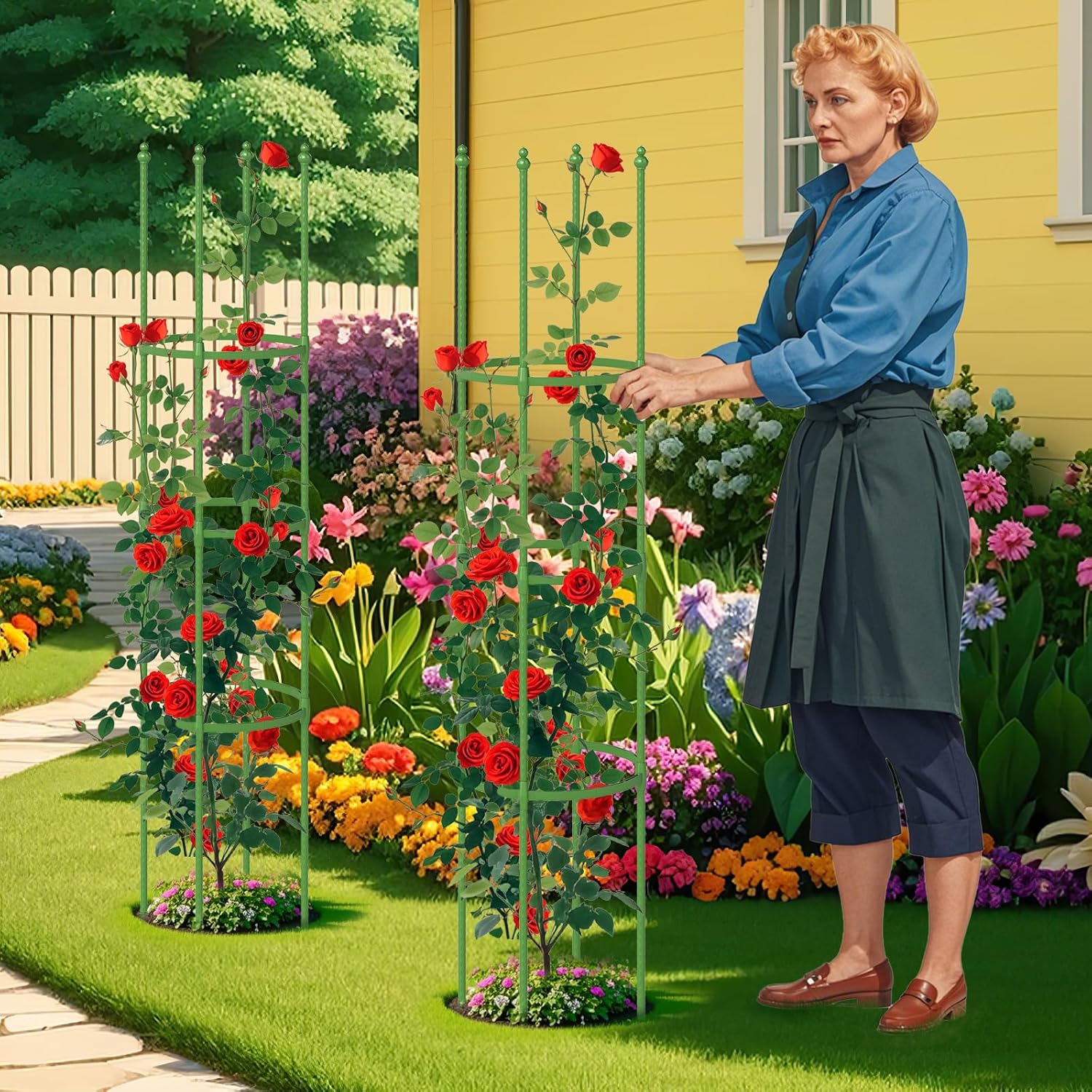 2 Tralicci per Pomodori 145 cm, Obelisco per Piante Rampicanti in Metallo Rivestito in PE, Trellis da Giardino per Verdure, Viti, Fiori e Piante