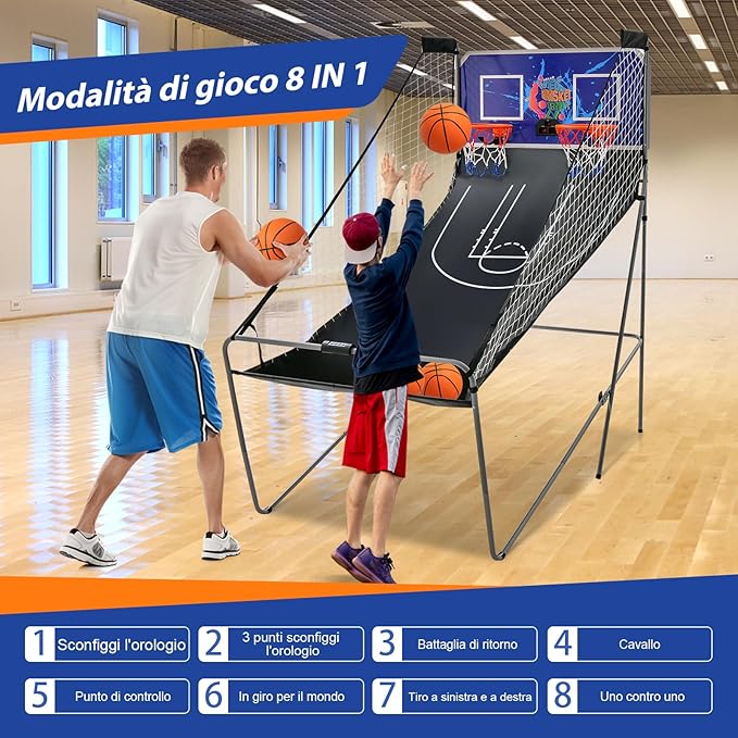 Macchina da Pallacanestro Elettronica, Canestro Basket da Camera a Doppio Tiro Pieghevole con Punteggio Elettronico, 4 Palle, 8 Modalità di Gioco e 2 Canestri (Blu)