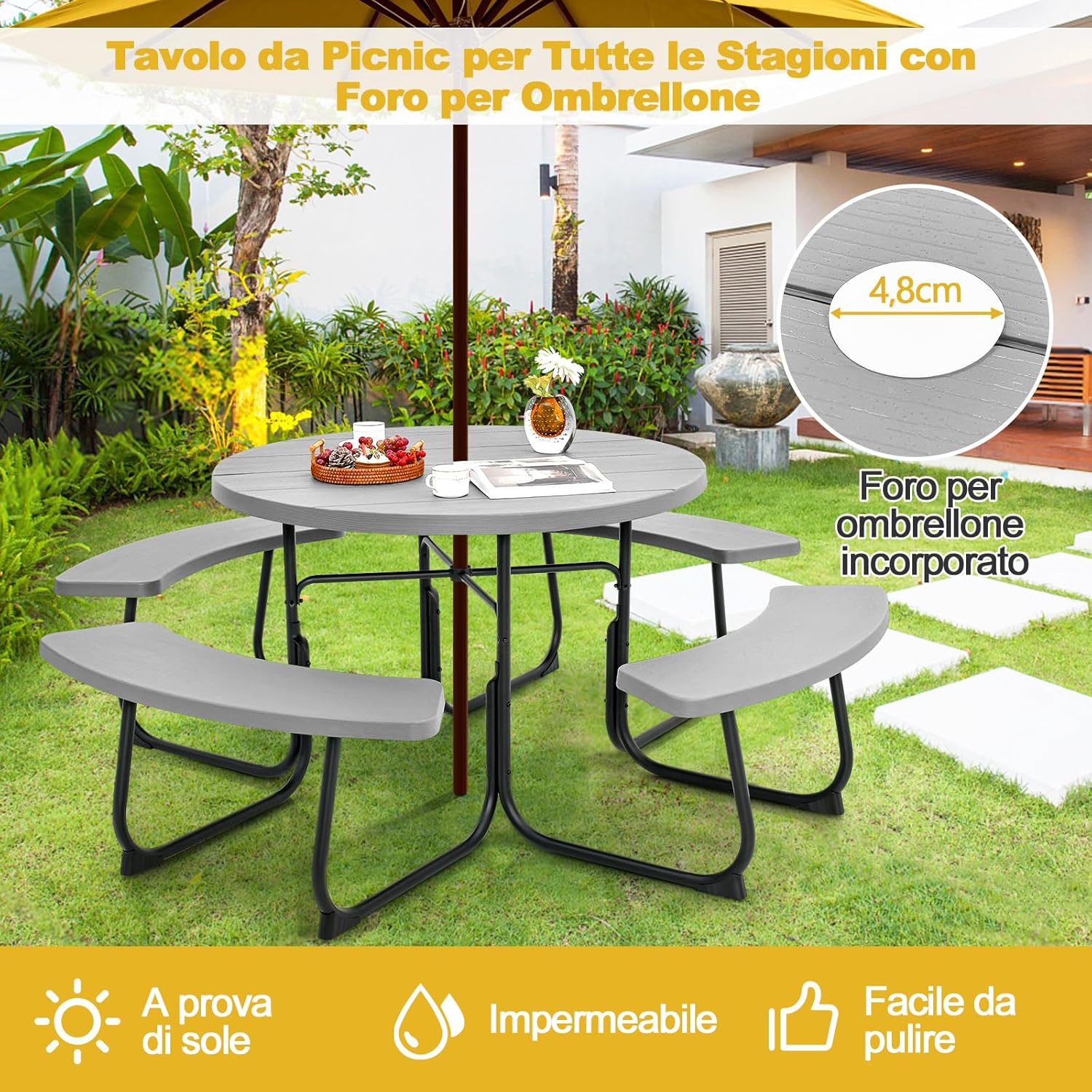 Set Tavolo da Picnic con 8 Posti, Tavolo da Picnic Rotondo con 4 Panche e Foro per Ombrellone, Tavolo da Campeggio Resistente in Metallo, per Giardino, Cortile, Patio (Grigio)