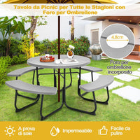 Set Tavolo da Picnic con 8 Posti, Tavolo da Picnic Rotondo con 4 Panche e Foro per Ombrellone, Tavolo da Campeggio Resistente in Metallo, per Giardino, Cortile, Patio (Grigio)