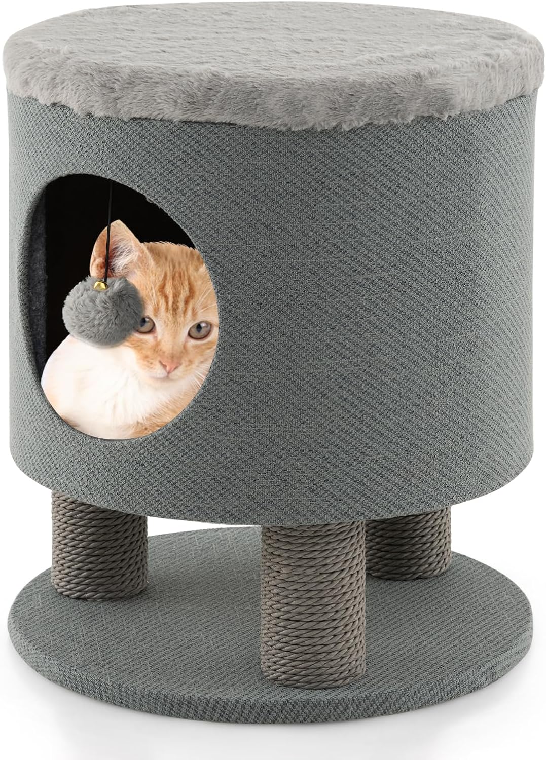 Casetta per Animali Domestici, Cuccia per Gatti con Pali Tiragraffi e Pallina di Peluche, Mobile Multiuso 3-IN-1 per Gatti Piccoli e Medi (Grigio)