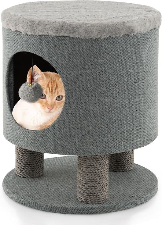 Casetta per Animali Domestici, Cuccia per Gatti con Pali Tiragraffi e Pallina di Peluche, Mobile Multiuso 3-IN-1 per Gatti Piccoli e Medi (Grigio)