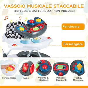 Girello per Bambini 6 in 1, Primi Passi per Neonati con Altezza Regolabile, Sedia a Dondolo per Bambini, Girello Pieghevole con Vassoio Musicale, Cuscino, per Bambini 6+ Mesi (Grigio)