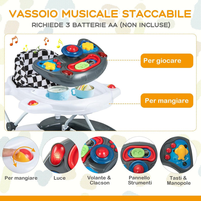 Girello per Bambini 6 in 1, Primi Passi per Neonati con Altezza Regolabile, Sedia a Dondolo per Bambini, Girello Pieghevole con Vassoio Musicale, Cuscino, per Bambini 6+ Mesi (Grigio)