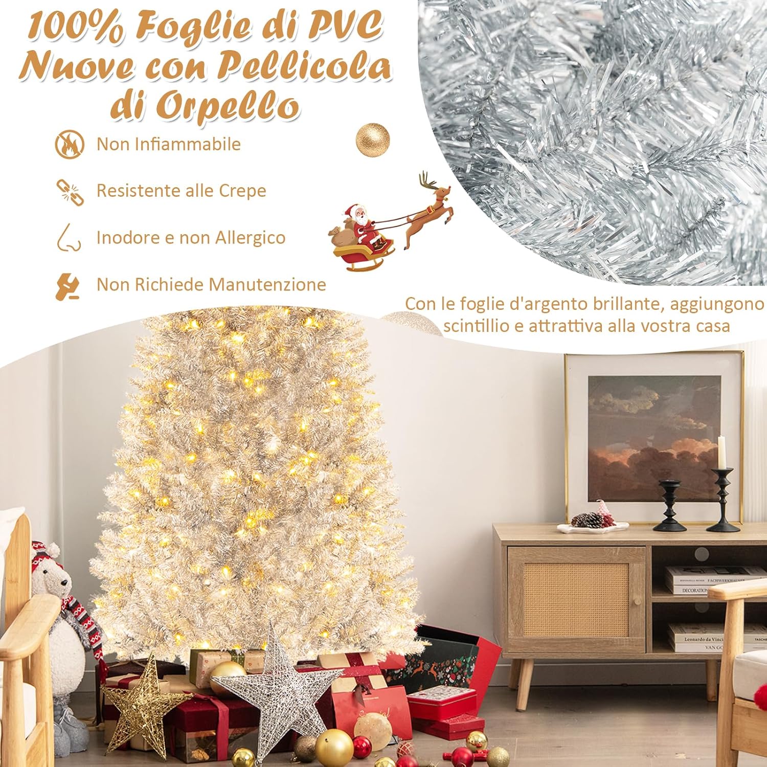 Albero di Natale 180 cm, Albero di Natale Artificiale Argento con 790 Rametti, 300 Luci a LED Bianco Caldo, Supporto Pieghevole in Metallo, Decorazione Natalizia per Ufficio e Casa