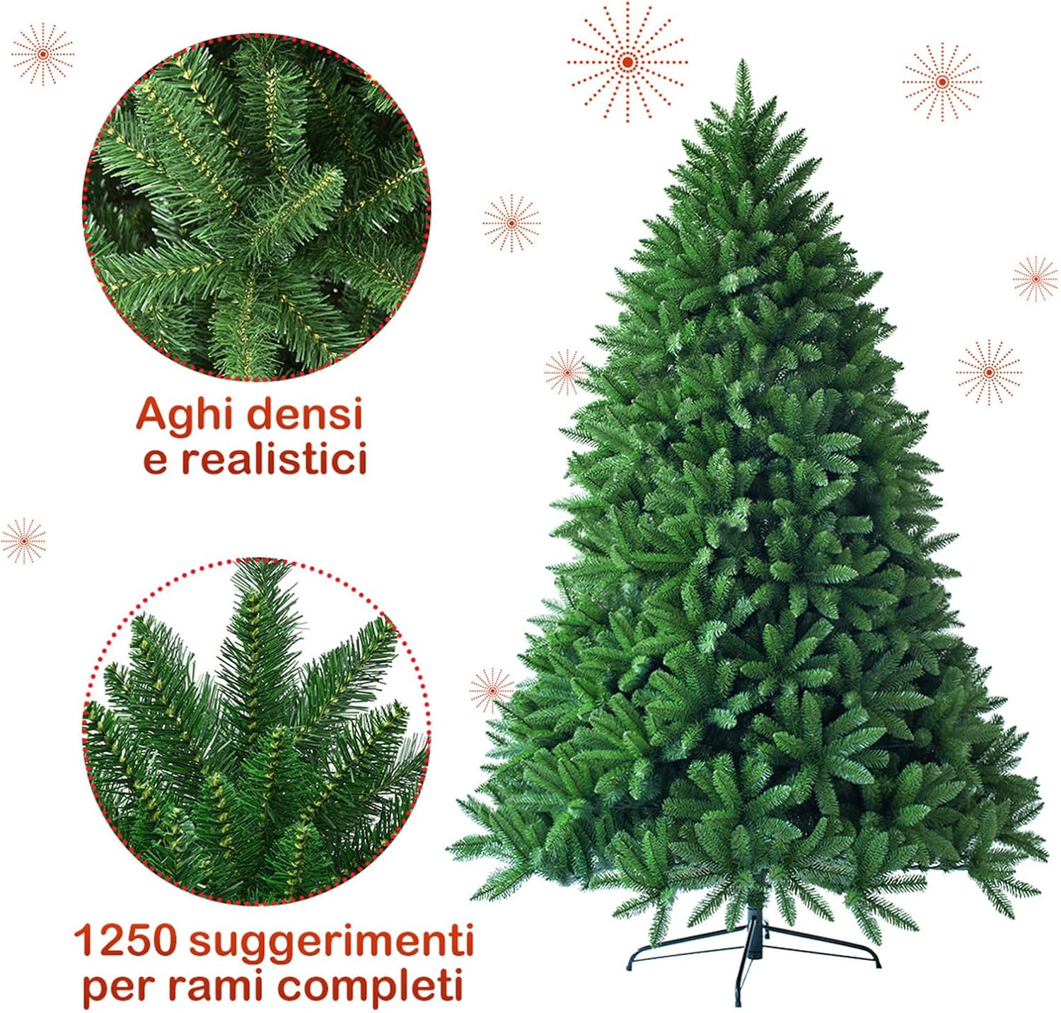 Albero di Natale Artificiale 150/180/225 cm, Albero di Natale con 600/1250/1968 Rami e Supporto in Metallo, Albero di Natale Realistico per Casa, Ufficio e Negozio (180 CM)