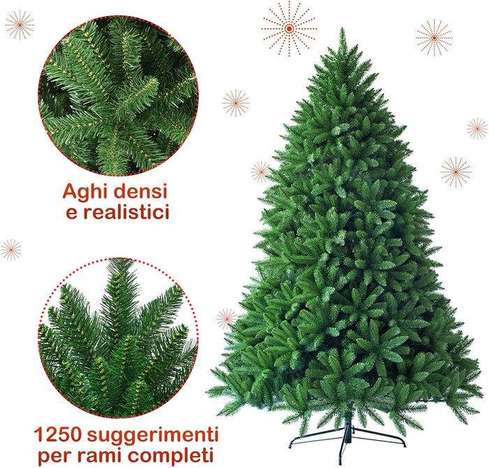 Albero di Natale Artificiale 150/180/225 cm, Albero di Natale con 600/1250/1968 Rami e Supporto in Metallo, Albero di Natale Realistico per Casa, Ufficio e Negozio (180 CM)