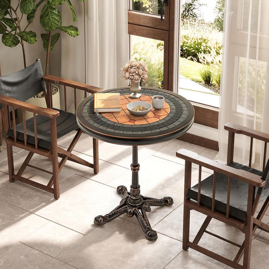 Tavolo da Pranzo Rotondo da 70 cm, Tavolino in Alluminio Fuso Vintage Stile Maiolico Dipinto con Decorazioni, Tavolo Antico per Giardino, Cortile, Terrazza, Bar e Casa, Color Bronzo