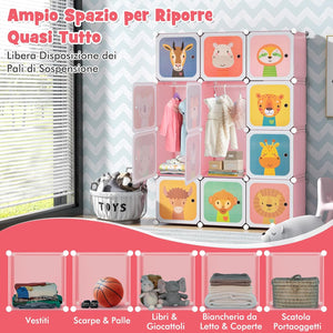 Guardaroba Portatile per Bambini, Armadio Portatile con 12 Cubi, Organizzatore Modulari per Camera dei Bambini Soggiorno, 109 x 35 x 145 cm (Rosa)