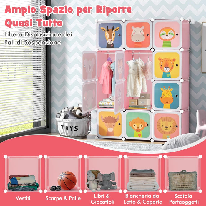 Guardaroba Portatile per Bambini, Armadio Portatile con 12 Cubi, Organizzatore Modulari per Camera dei Bambini Soggiorno, 109 x 35 x 145 cm (Rosa)