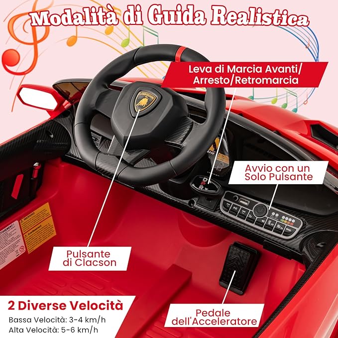 Lamborghini Macchina Elettrica per Bambini, Auto Elettrica Cavalcabile con Telecomando Luci LED, 3 Velocità, 3-6 km/h, per Bambini 3-8 Anni (Rosso)