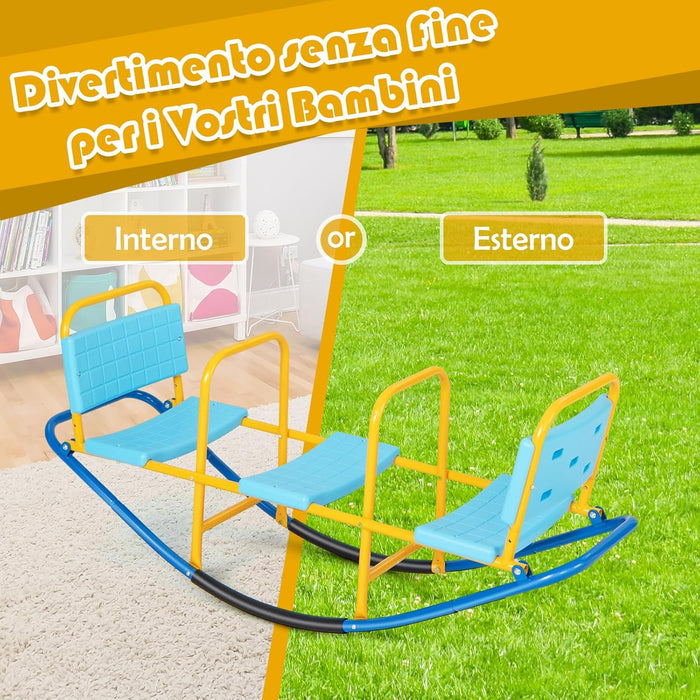 Altalena Saliscendi per Bambini, Altalena Basculante Oscillante di Metallo con Maniglie, Altalena Basculante per Interno ed Esterno, 3 Posti a Sedere (Blu)
