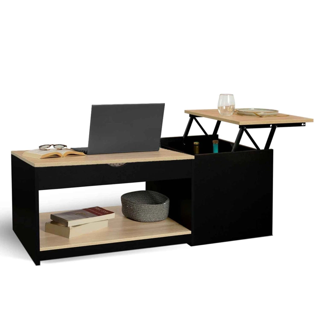 IDMarket - Tavolino rettangolare a 2 piani ELEA con cassa in legno nero ed effetto faggio
