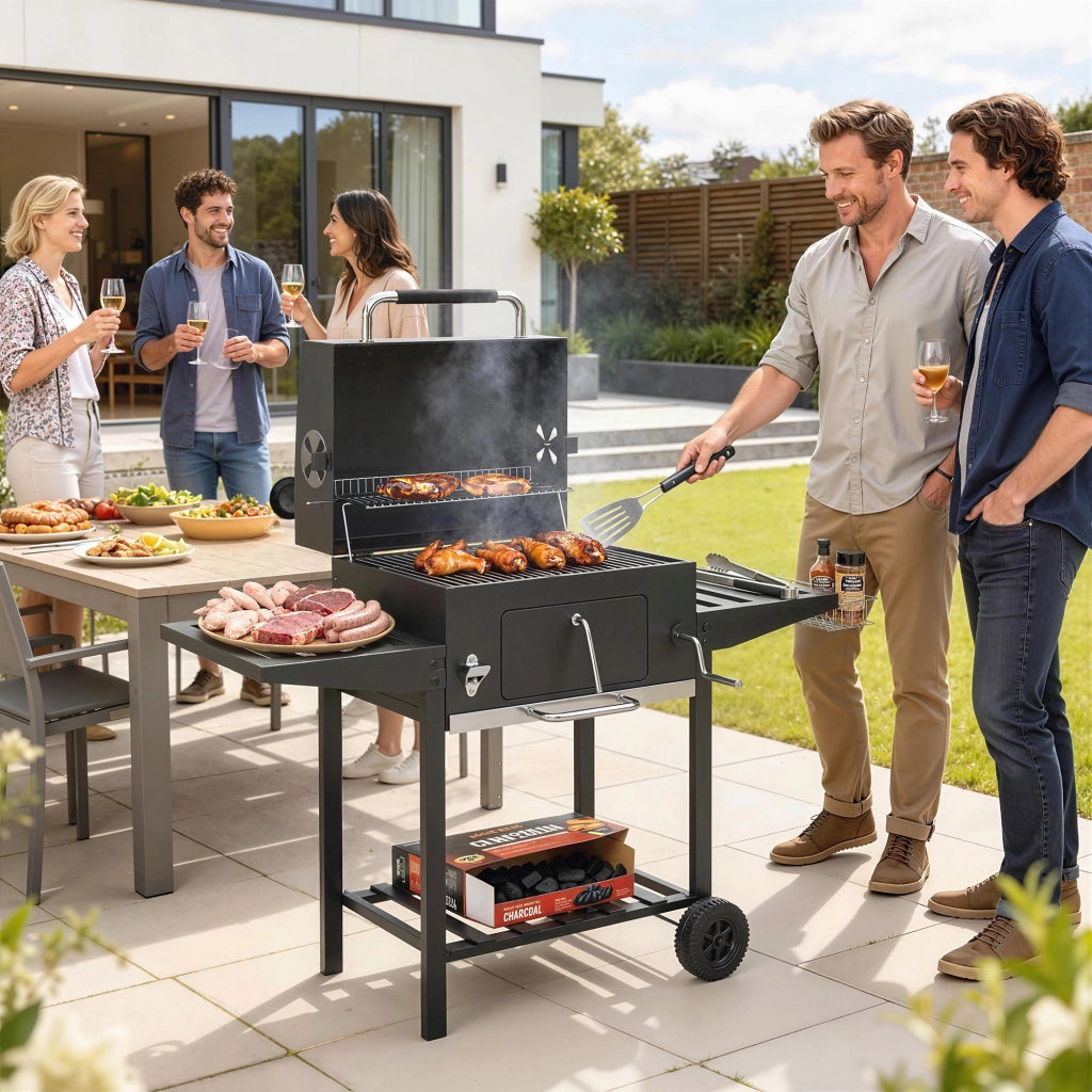 Barbecue a Carbone 133,5x65x110 cm a Rotelle con Griglia Regolabile e Ripiani Pieghevoli in Acciaio e PP Nero