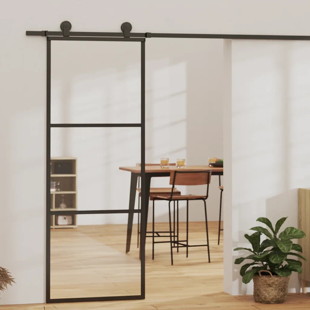 Porta Scorrevole a 3 pannelli in Vetro ESG e Alluminio 76x205 cm Nera 151008