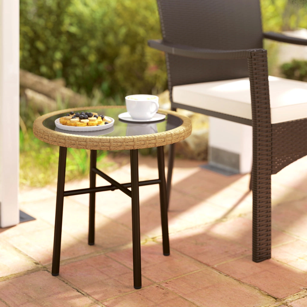 Tavolino da giardino rotondo in polyrattan con piano in vetro temperato ¨C zephmum ¨C 46x46x43cm