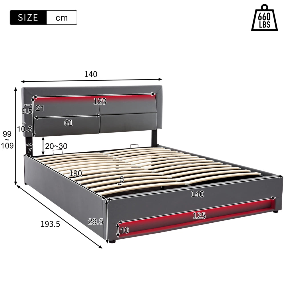 Letto imbottito 140x190 cm con USB; ricarica wireless; LED e contenitore; PU grigio