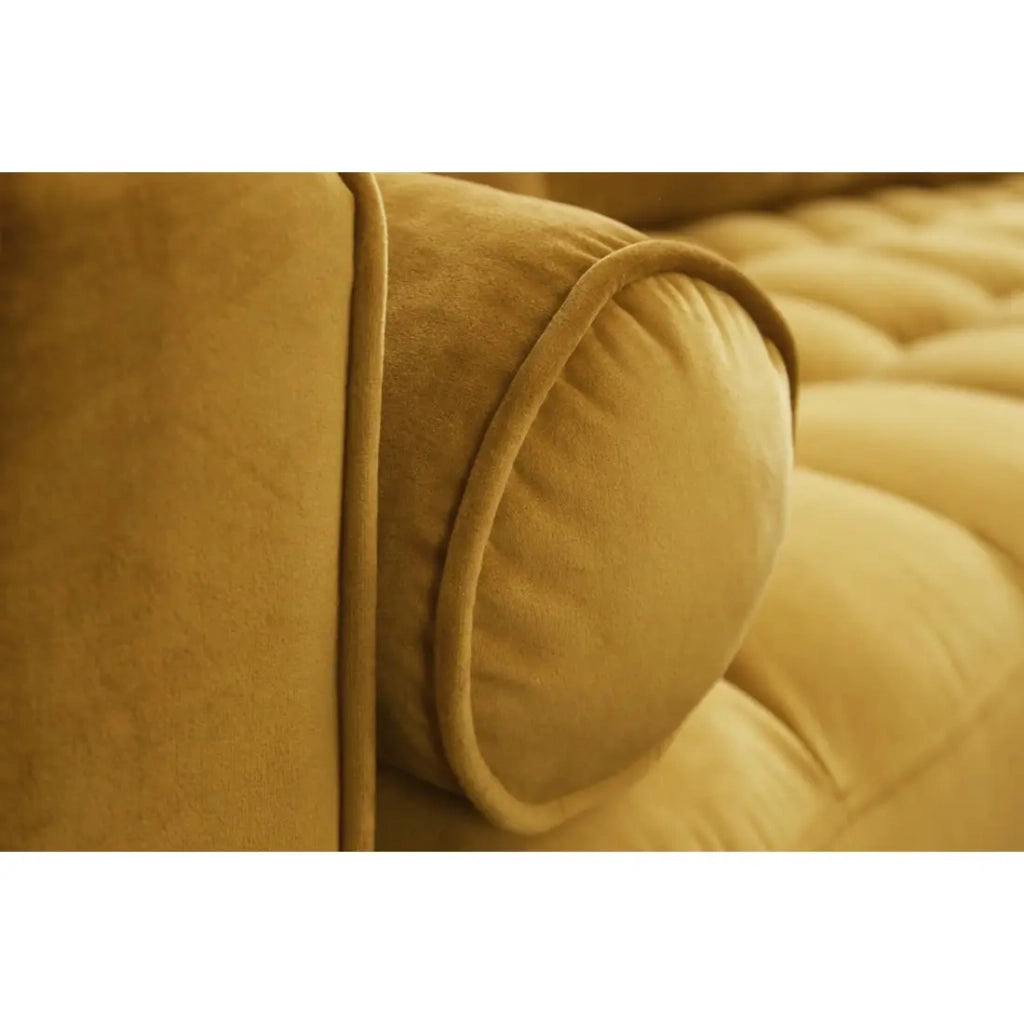 Divano ad angolo KOLIRI giallo senape – 4 posti – Angolo destro – Divano design in velluto e legno massiccio