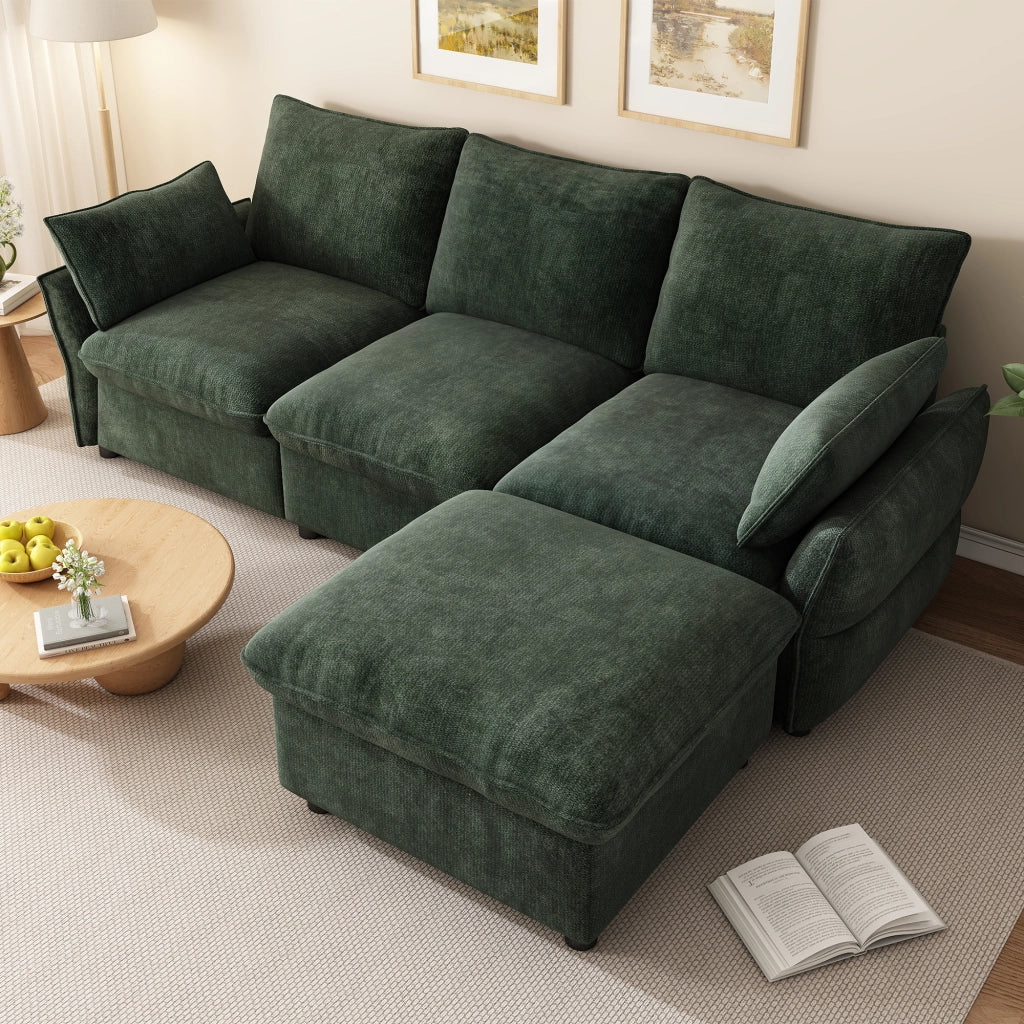 Divano angolare con pouf e 2 cuscini in ciniglia per soggiorno e appartamento verde scuro 222,5 × 154,5 × 76,5 cm