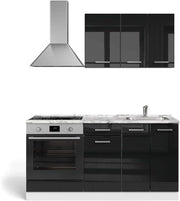 Cucina completa R-Line, Nero lucido/bianco, 160 cm con base forno e lavello con PT